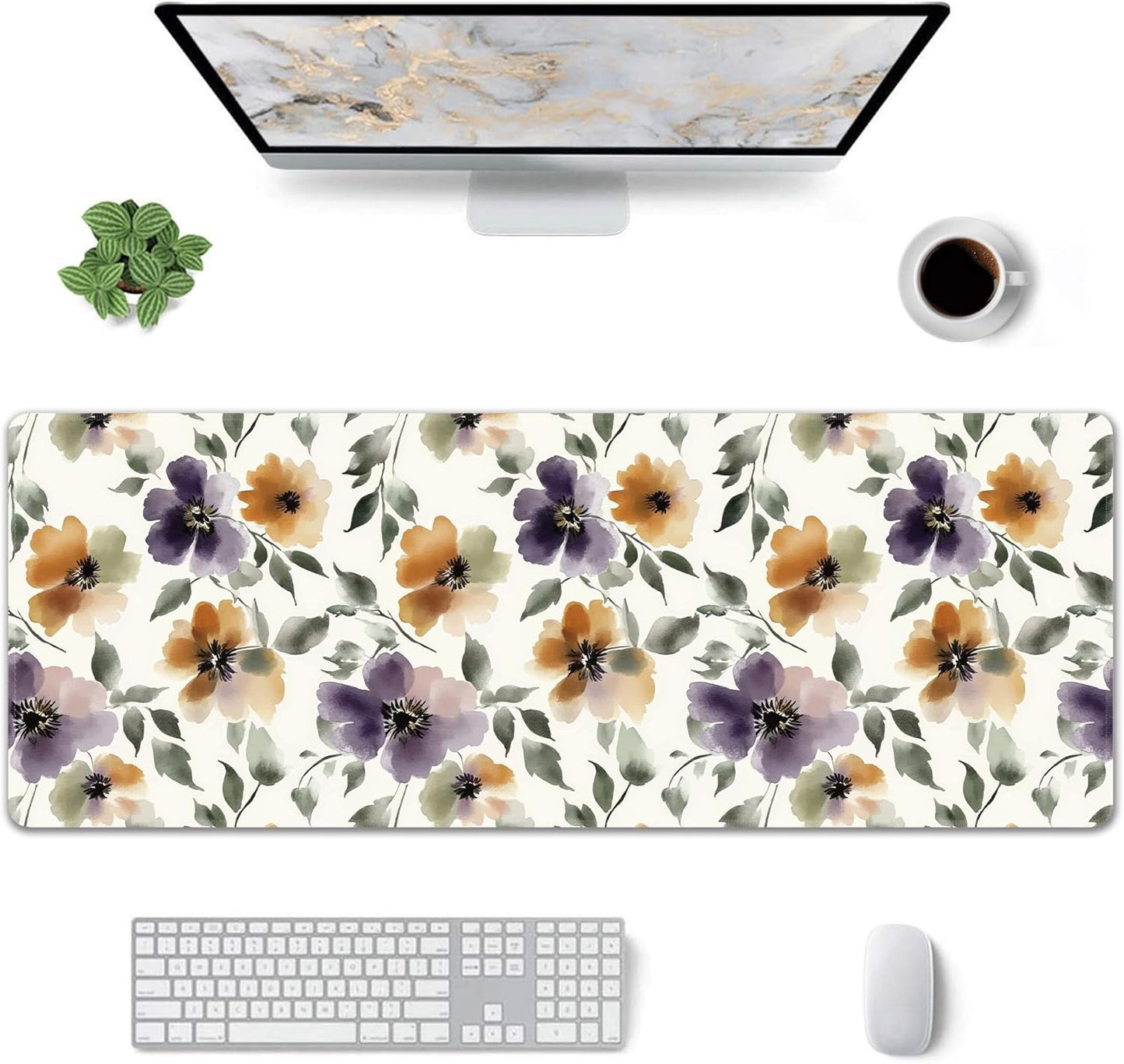 Watercolor Floral Large Mouse Pad,Gaming Keyboard Desk Pad,Extended Mouse Mat Non-Slip Rubber Base with Stitched Edges for Office Game Home XL 31.5"x11.8"