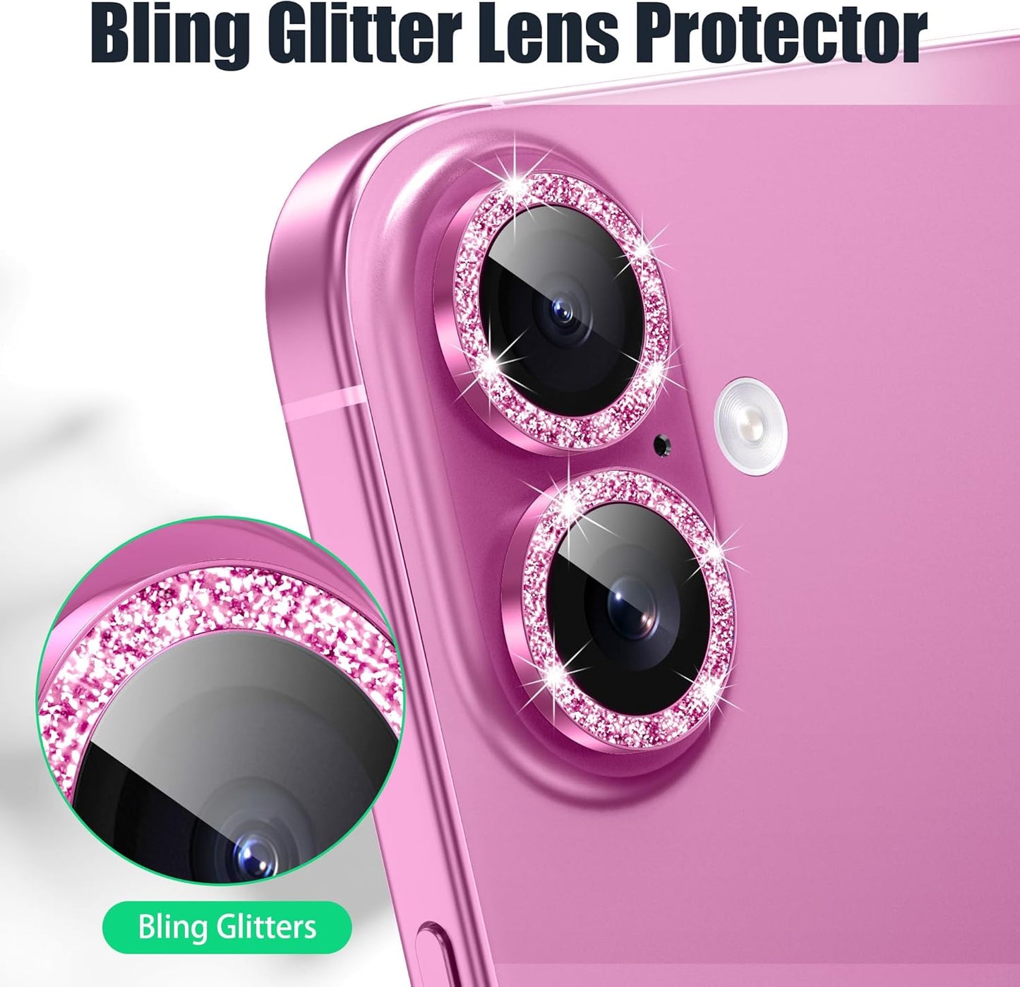 AGVEE 3+3 6 Pack for iPhone 16 6.1" / 16 Plus 6.7" Camera Lens Cover Protector, Bling Diamond & Bling Glitter Metal Ring 9H Tempered HD Glass Camera Cover Protector Film, Bling-Rose