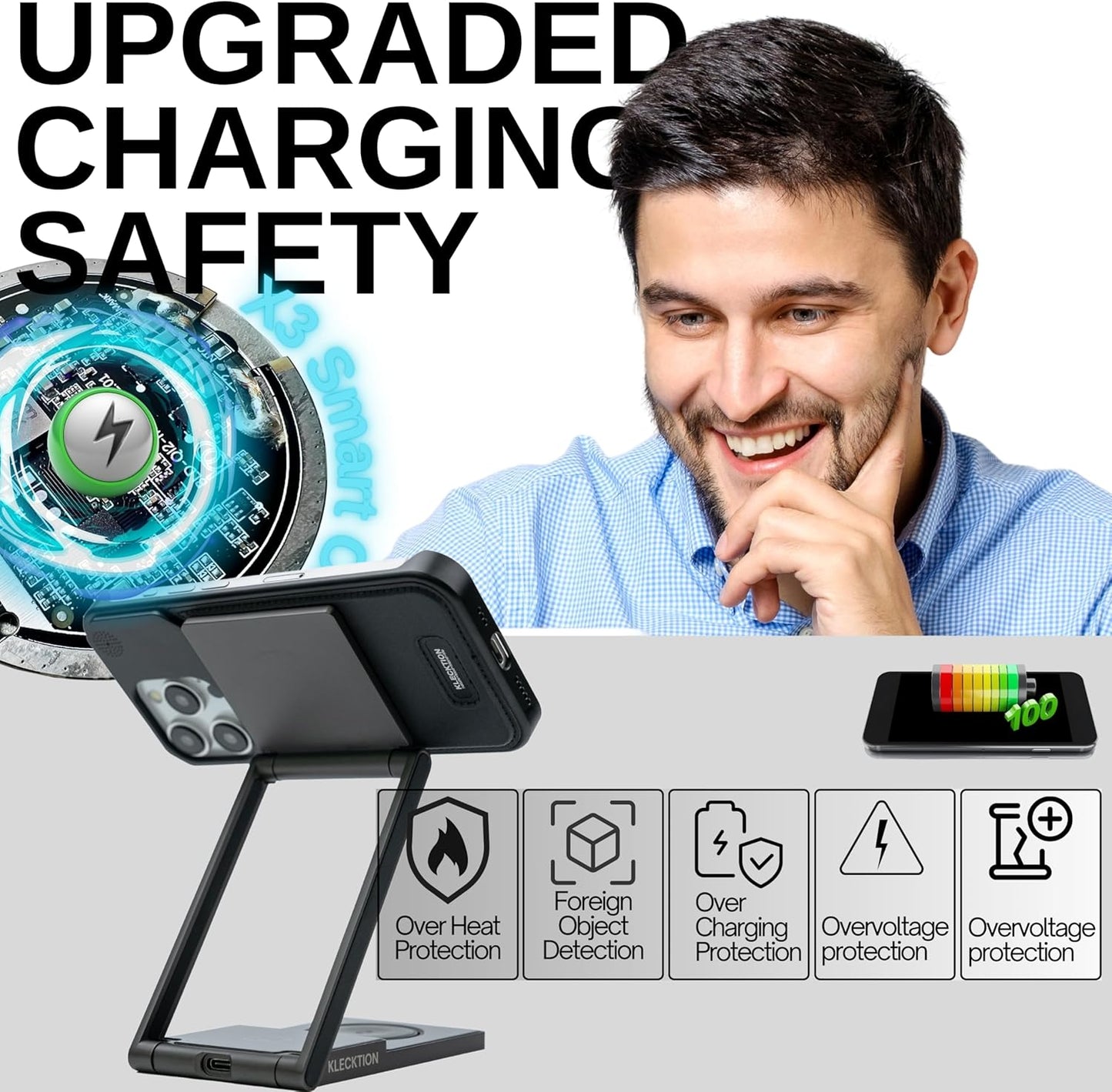 3 in 1 Wireless Charging Station, iPhone 16 15 14 15W Fast Charging Station for Multiple Devices, Adjustable Angle Foldable 8.8oz Travel Charging Stand for iPhone AirPods Apple Watch Men Women Gift