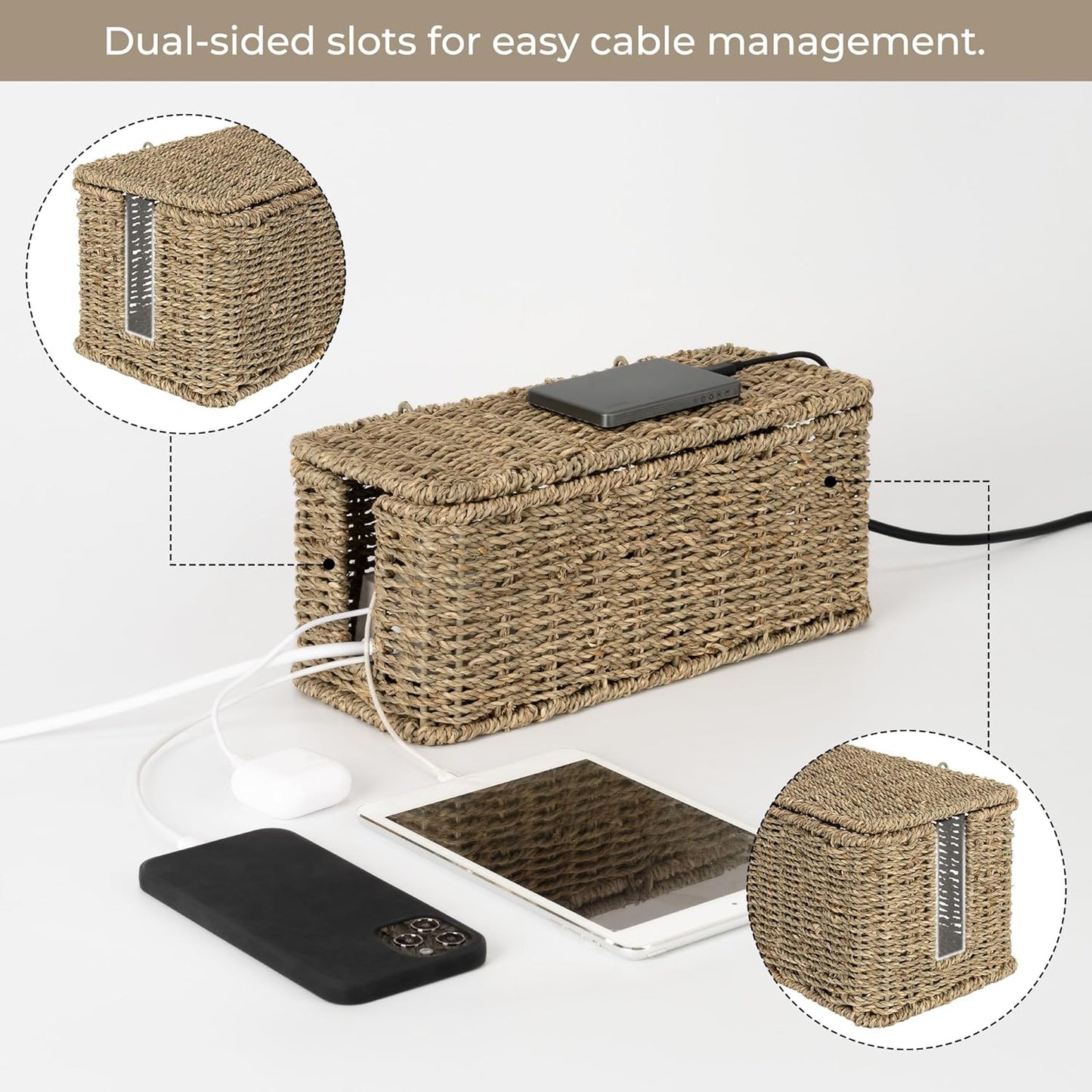 StorageWorks Cable Management Box, 2 Slots Wicker Cable Organizer to Hide Cords and Power Strip, Seagrass Cord Hider Box for Home & Office