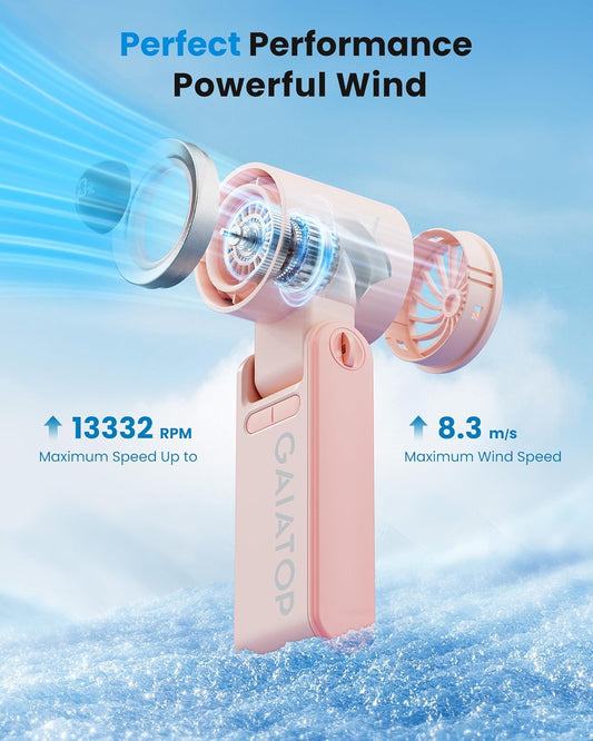Gaiatop Portable Handheld Mini Fan, 21 Working Hours 6 Speeds, Rechargeable Battery Operated, 180° Foldable with LED Display, Small Desk Personal Fan for Women Gifts Travel, Working- Pink