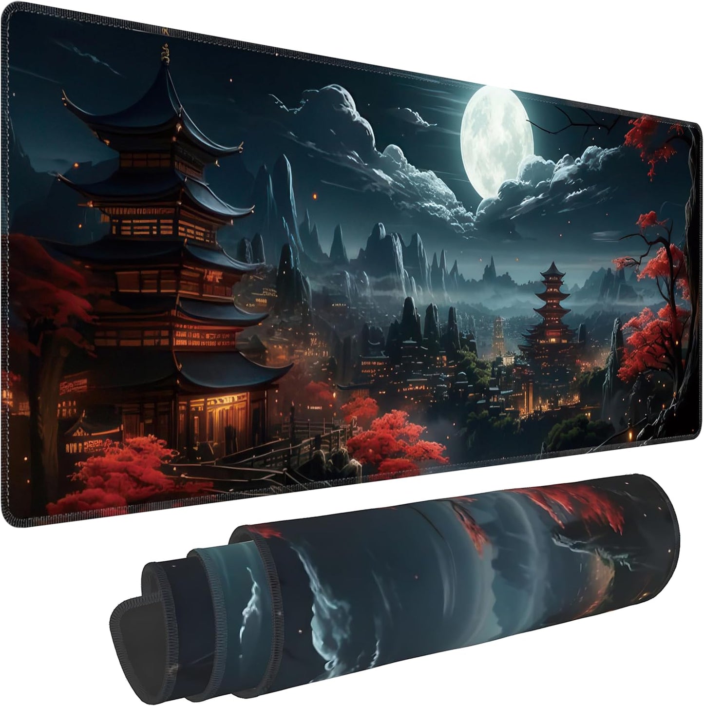 Japanese Full Moon Large Mouse Pad,Gaming Keyboard Desk Pad,Extended Mouse Mat Non-Slip Rubber Base with Stitched Edges for Office Game Home XL 31.5"x11.8"