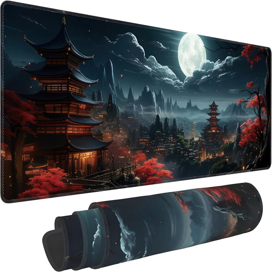Japanese Full Moon Large Mouse Pad,Gaming Keyboard Desk Pad,Extended Mouse Mat Non-Slip Rubber Base with Stitched Edges for Office Game Home XL 31.5"x11.8"