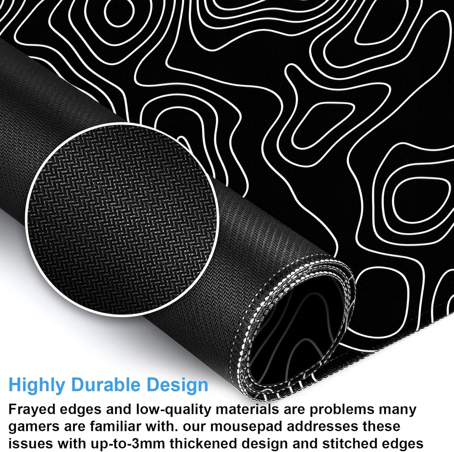 Black and White Topographic Map Gaming Mouse Pad - XXL Extended Desk Mat for Keyboard & Mouse (31.5" x 15.7") with Non-Slip Base & Stitched Edges - Washable Surface for Computer or Gaming Desk