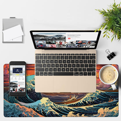 Gaming Desk Pad Large Extra Length Japanese Blue Waves Mouse Pad Keyboard Laptop Non-Slip Waterproof with Rubber Base Thick Stitched Edge Mouse Mat for Office Home 35.4 x 15.7 Inches