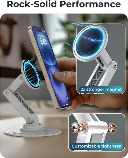 COOPER Magnetic Phone Stand for Desk, Mag360 Adjustable MagSafe Stand for iPhone 16 Pro Max, 15 14 13 12 & Plus | 360° MagSafe Phone Holder, Strong Magnetic MagSafe, Foldable 3-Axis Leg (Cream White)