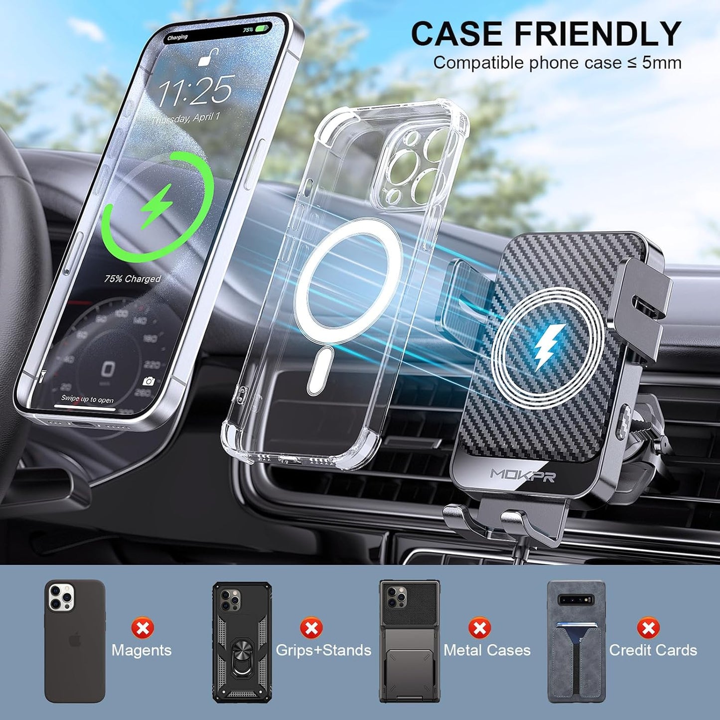 Wireless Car Charger, MOKPR 15W Fast Charging Auto-Clamping Car Charger Phone Mount Air Vent Cell Phone Holder Compatible iPhone 16/15/14/13/13 Pro/12 pro/12/11, Samsung Galaxy S23/S22/S21/S20, etc
