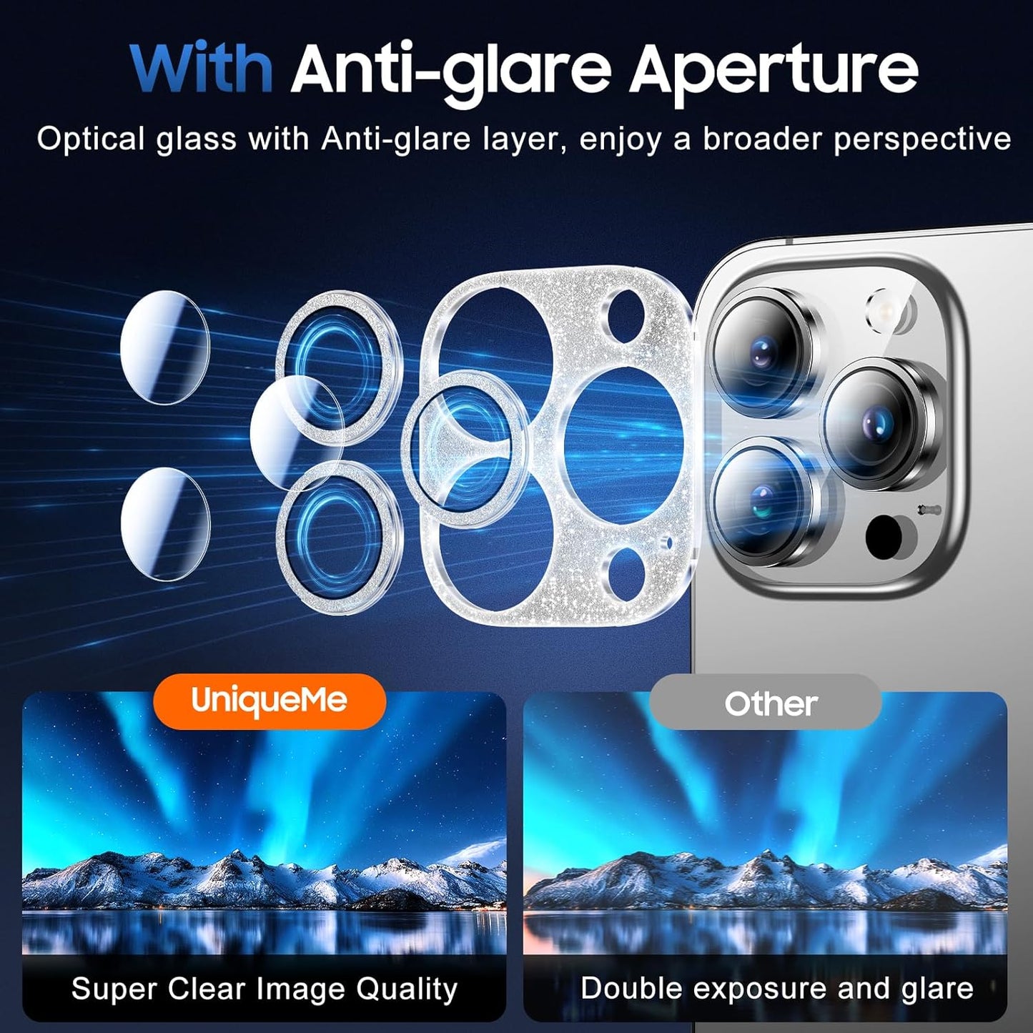UniqueMe 3 Packs Compatible for iPhone 13 Pro Max/iPhone 13 Pro Camera Lens Protector Acrylic [Not Glass],[Case Friendly][Scratch-Resistant][Night Shooting Mode]-Glitter Silver
