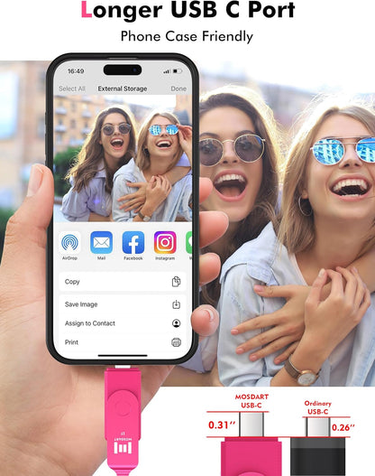 MOSDART 1TB USB3.1 Fast Speed C and A Dual Flash Drive, exFAT Memory Stick with Keychain and LED Indicator, for iPhone 15 and 16, Android Phone, iPad, MacBook, and Other Laptops, Hot Pink