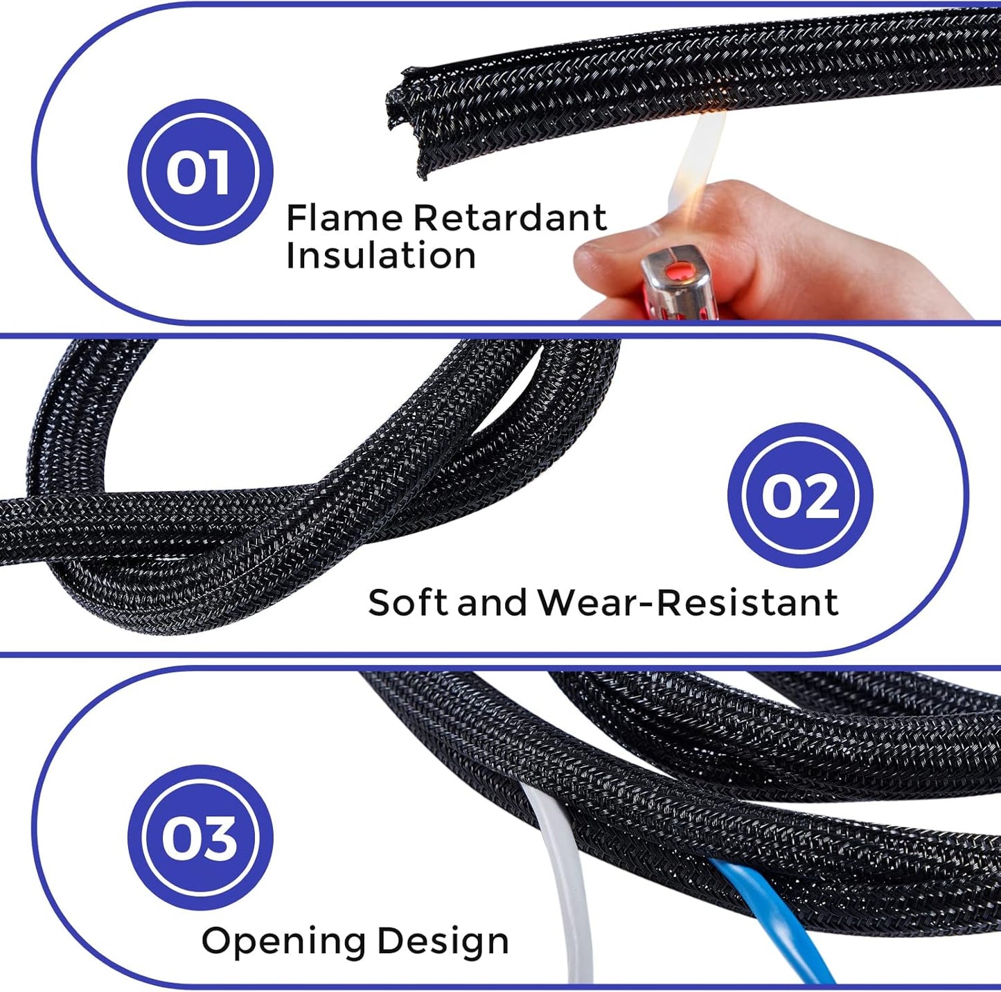 Cable Management Sleeves 1.2in - 2 Pack 4.1ft Split Braided Cable Sleeve Black, Hard PE Cord Protectors from Pets, Wire Organizers for Cords, Flexible Cord Wrap Wire Sleeve for Computer Cord Organizer