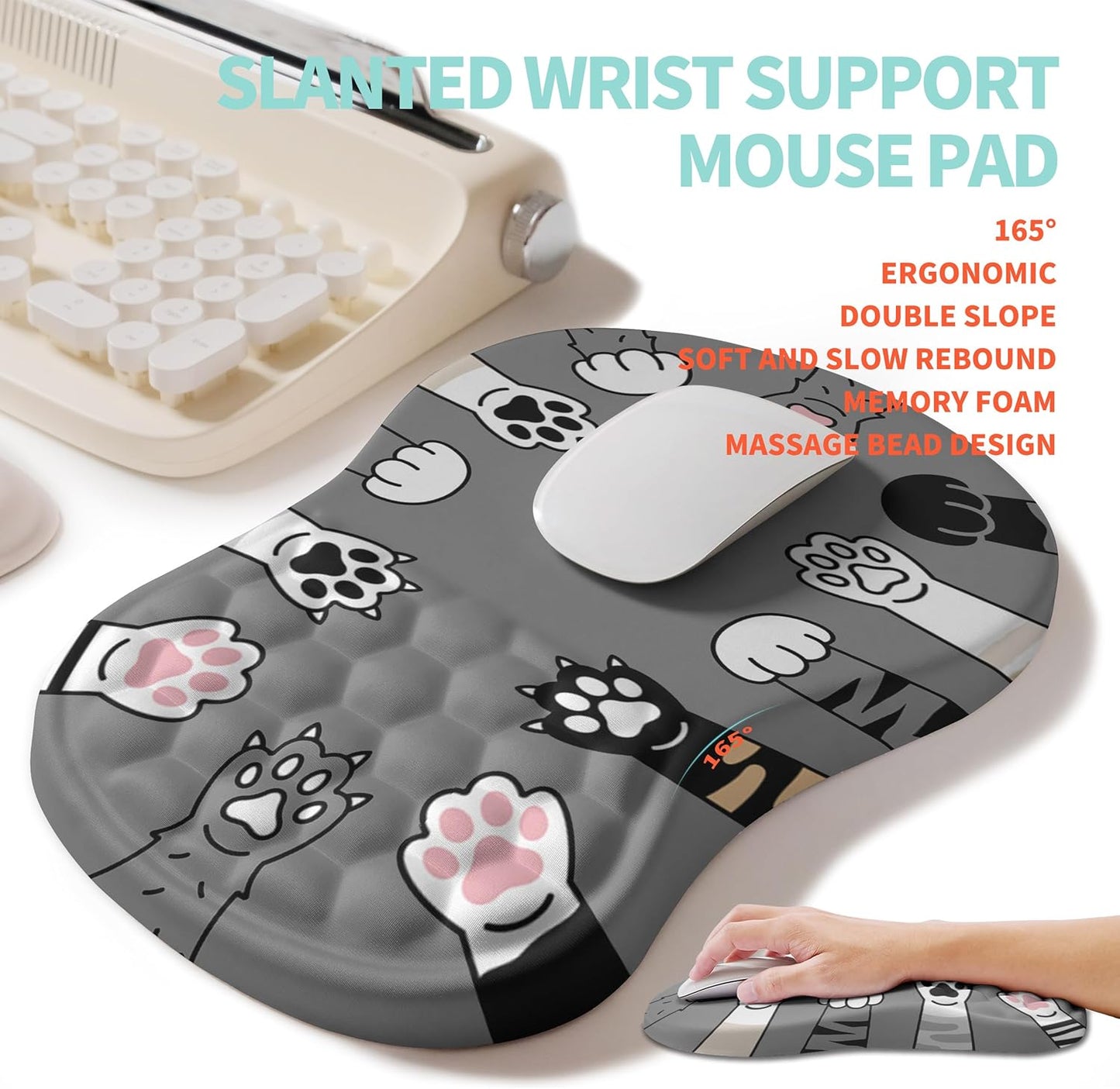 2-in-1 Ergonomic Set, Wave Rise Keyboard Wrist Rest and Massage Bulge Slope Mouse Pad Wrist Support, Cushion Memory Foam Integrated to Relieve Wrist Pain, Cute Cat Paws