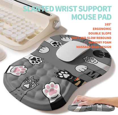 2-in-1 Ergonomic Set, Wave Rise Keyboard Wrist Rest and Massage Bulge Slope Mouse Pad Wrist Support, Cushion Memory Foam Integrated to Relieve Wrist Pain, Cute Cat Paws