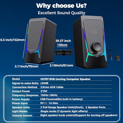 ROSON Computer Speakers, Gaming PC Speakers with Enhanced Bass and Volume Control, Stereo 2.0 USB Powered 3.5mm Aux Multimedia Speakers for Laptop/Desktop/Tablets/Phone