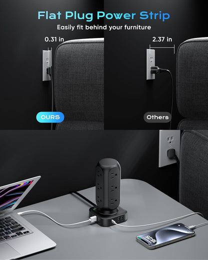 Dual PD 20W Power Strip Tower, TenTrend Surge Protector Power Strip with 12 AC Outlets & 8 USB Ports (4 USB C), 40W Desk Fast Charging Station, 10FT Flat Plug Extension Cord for Desk Office Dorm Room