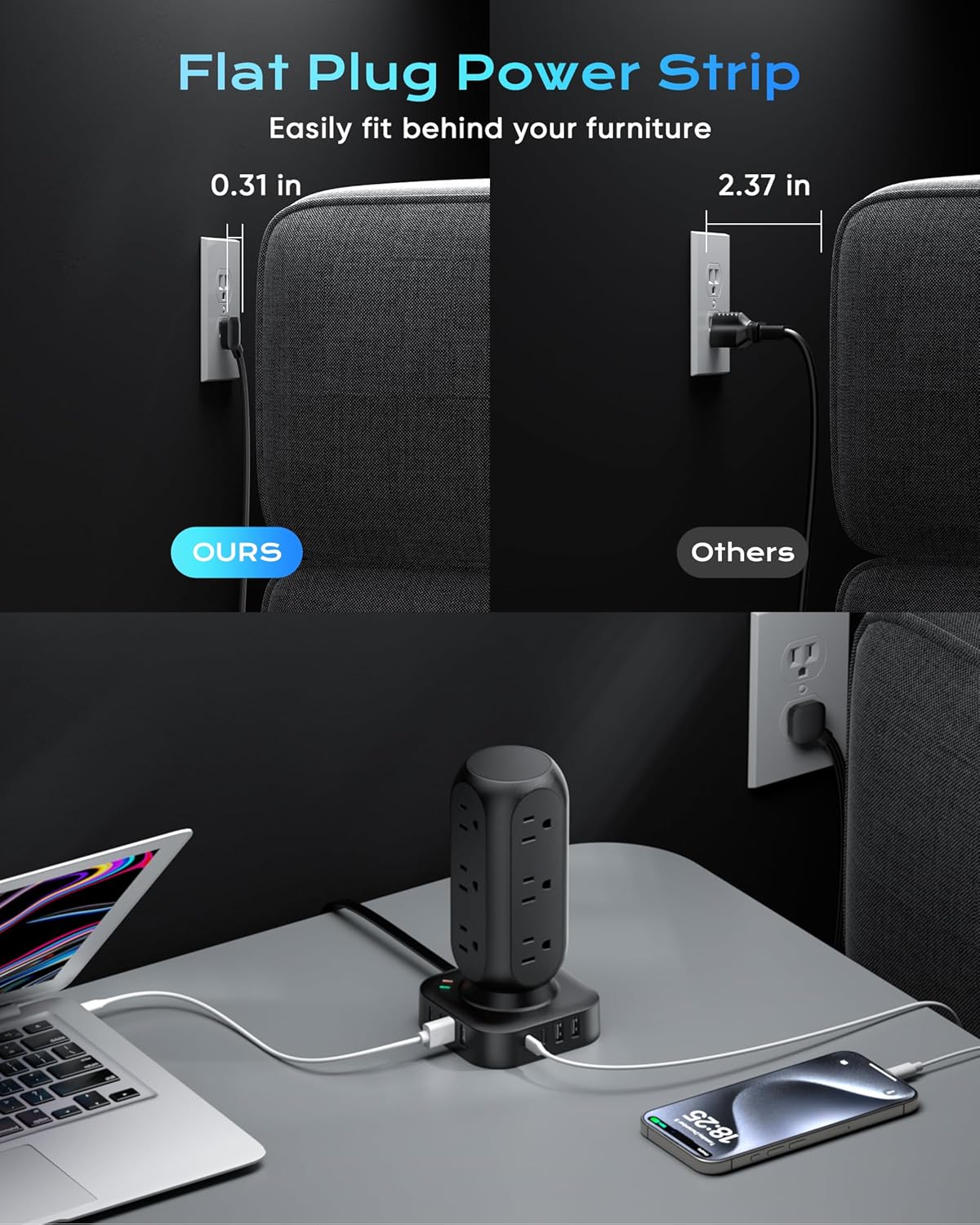 Tower Surge Protector Power Strip, Flat Plug 10FT Extension Cord with Multiple Outlets, 12 AC Outlets & 8 USB Ports, 24W Outlet Extender Overload Protection for Home Office Room