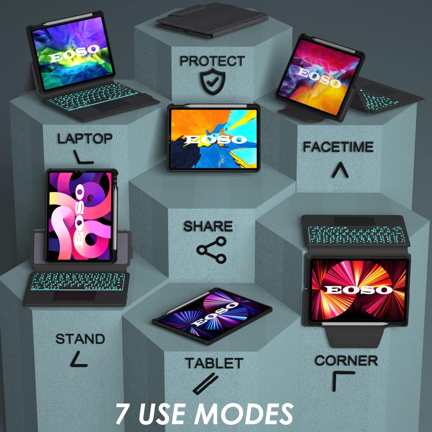 iPad 12.9 Keyboard Case for iPad Pro 12.9 inch 6th 2022/5th 2021/4th 2020/3rd 2018-7 Color Backlight,Touchpad Detachable Slim Cover with Pencil Holder (12.9",Black)