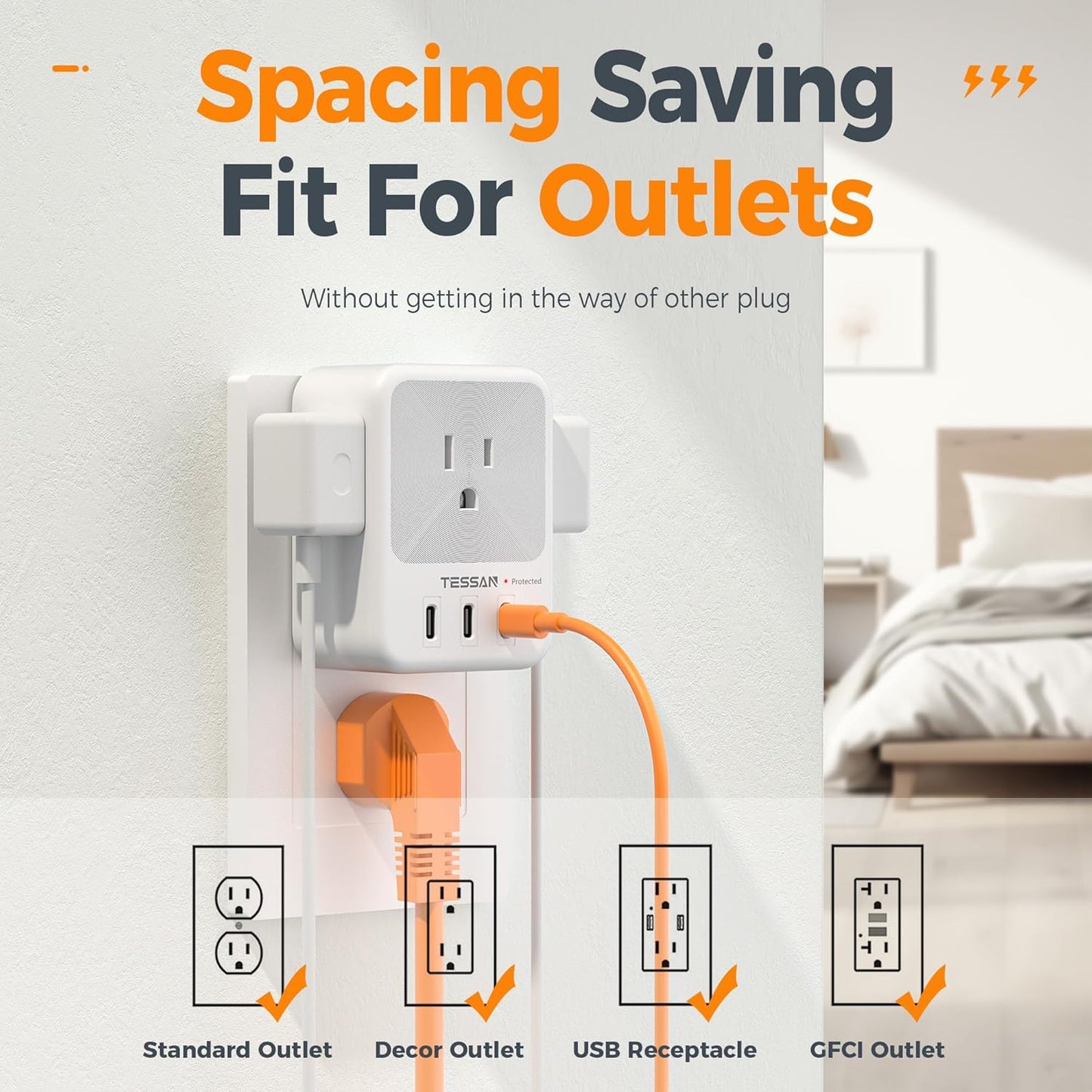USB Multi Plug Outlet Splitter, TESSAN Surge Protector 4 Outlet Extender with 3 USB C Wall Charger Blocks, 3-Sided Multiple Plug Expander for Home Office Dorm Room Essentials