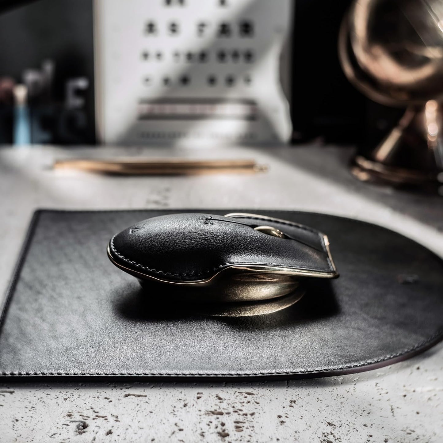 LUNAR ARTEFACTS Ambidextrous Rechargeable Bluetooth Wireless Computer Mouse Black French Leather and Gold Tone Plated Aluminum, Qi Enabled USB-C