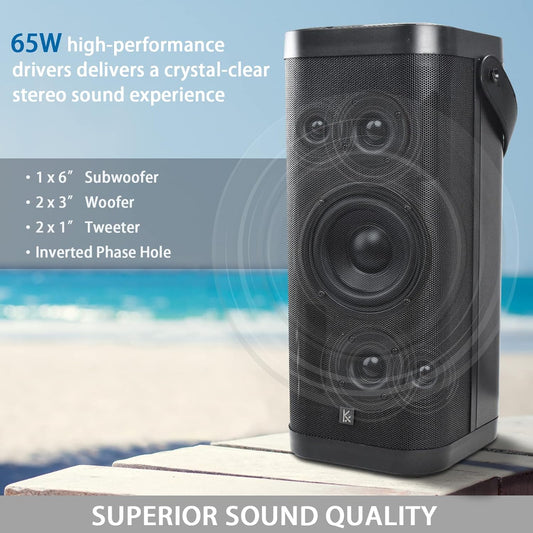 Bluetooth Speakers, KONEX 65W Portable Wireless Speaker, Bluetooth 5.1 Heavy Bass Music Player, 3-Way System with Active Filter, 20H Long Playtime, Outdoor Speaker for Home, Office, Party, Black