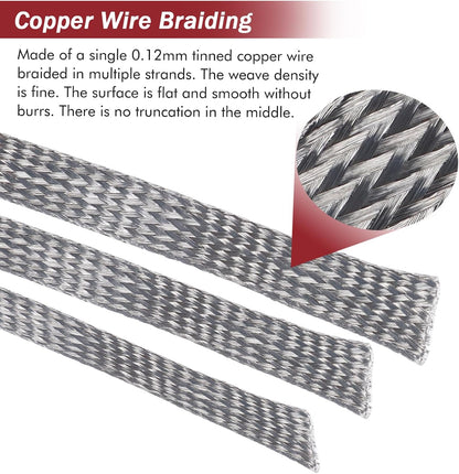 Tinned Copper Metal Braid Sleeving Wire Shielding Sleeve Braided Copper Ground Straps EMI/RFI Interference Expandable Flat Mesh Shielding Cable for Protect Wire (1/2inch-13ft)