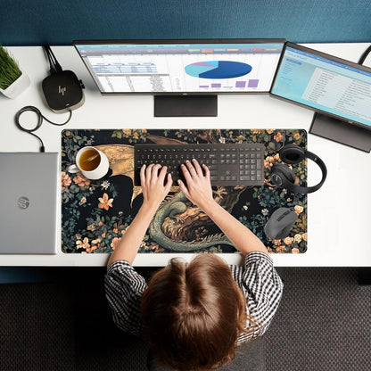 Desk Mat Cute Enchanted Forest Dragon Kawaii Mouse Pad XXL Large Extended Vintage Academia Anime Desk Pad, Cozy Computer Playmat Laptop Keyboard and Mouse Mat with Stitched Edges, 31.5x15.7 in