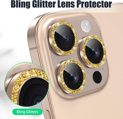 AGVEE 3+3 6 Pack for iPhone 16 Pro 6.3" / 16 Pro Max 6.9" Camera Lens Cover Protector, Bling Glitter & CD-Textured Metal Ring 9H Tempered HD Glass Camera Cover Protector Film, Glitter-Desert