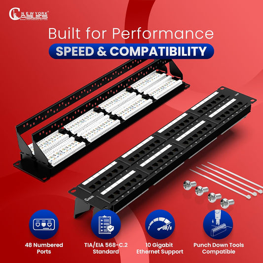 NewYork Cables 48 Port Cat6 Patch Panel – 10Gb Ethernet, 2U Rackmount 19-Inch, Color-Coded T568A/B Labels, Unshielded, 110/Krone Compatible, Black