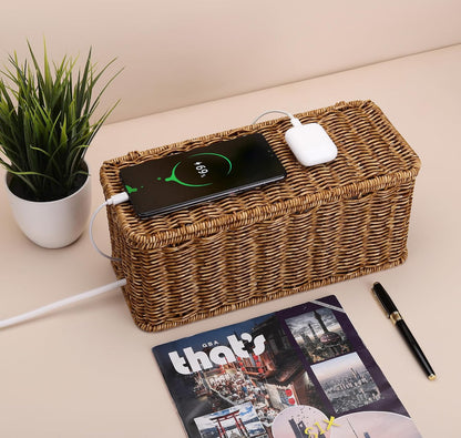 Handmade Cable Management Box, Imitation Rattan Cord Organizer Cord Hider Box, Desk Cord Management Box to Hide Cords and Power Strip L12.5 W5 H5.2 CB2412 Deep Speckled Brown