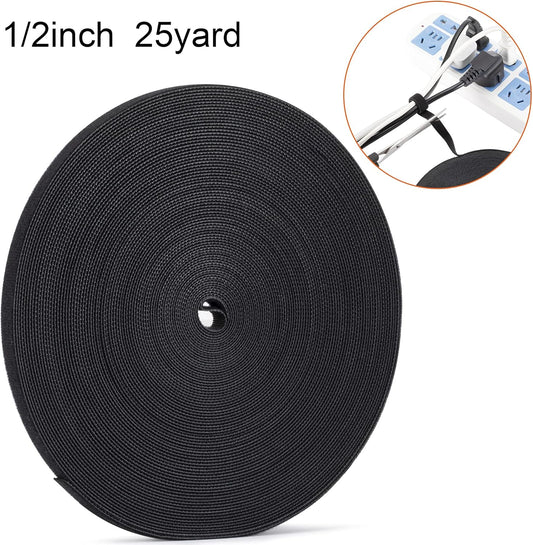 1/2 inch Reusable Fastening Tape Cable Ties Double-Sided Hook-and-Loop Cable Management Tape (Black 25 Yards)