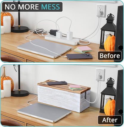 Large Cable Management Box, White Washed Wood Cord Organizer Box for Desk, Floor, Office to Hide Extension Cords Power Stripes Surge Protectors Chargers Wires