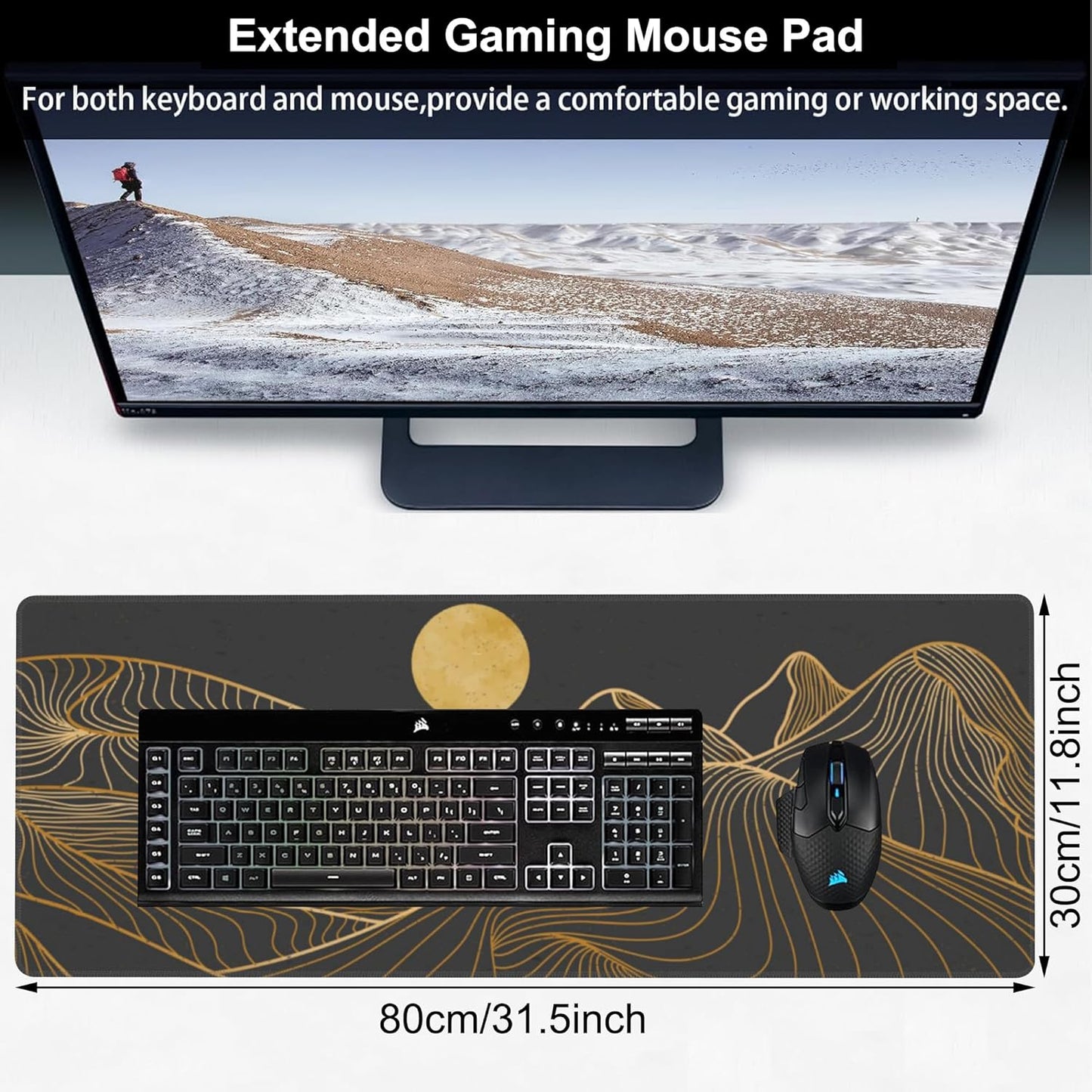 Abstract Golden Mountain Desk Mat,Large Gold Line Art Gaming Keyboard Mouse Pad,Non-Slip Rubber Base Desk Pad Thick Stitched Edges Waterproof Mousepad Mouse Mat 31.5"x11.8"