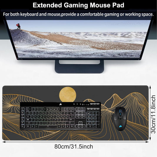 Abstract Golden Mountain Desk Mat,Large Gold Line Art Gaming Keyboard Mouse Pad,Non-Slip Rubber Base Desk Pad Thick Stitched Edges Waterproof Mousepad Mouse Mat 31.5"x11.8"