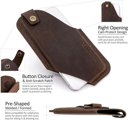 TobbinGear Left-Handed Leather Cell Phone Holster with Belt Clip, Universal Phone Holster for Men Belt Holder, Leather Case for iPhone, Samsung Galaxy Phones, Dark Brown, Medium