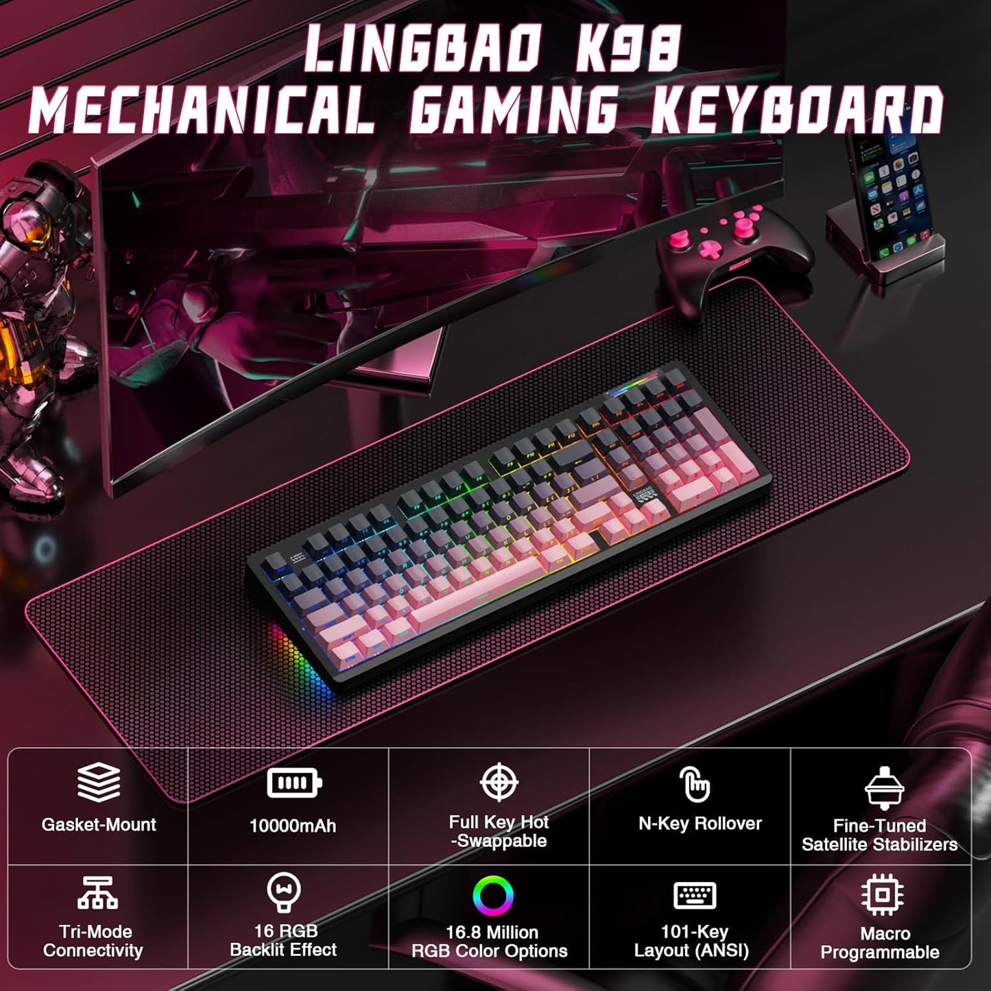 LINGBAO K98 Wireless Mechanical Gaming Keyboard, Tri-Mode BT5.0/2.4GHz/USB-C, Creamy Keyboard with Number Pad, Hot Swappable Gasket Custom Linear Switches RGB Backlit Keyboards for Win/Mac/PC/Laptop