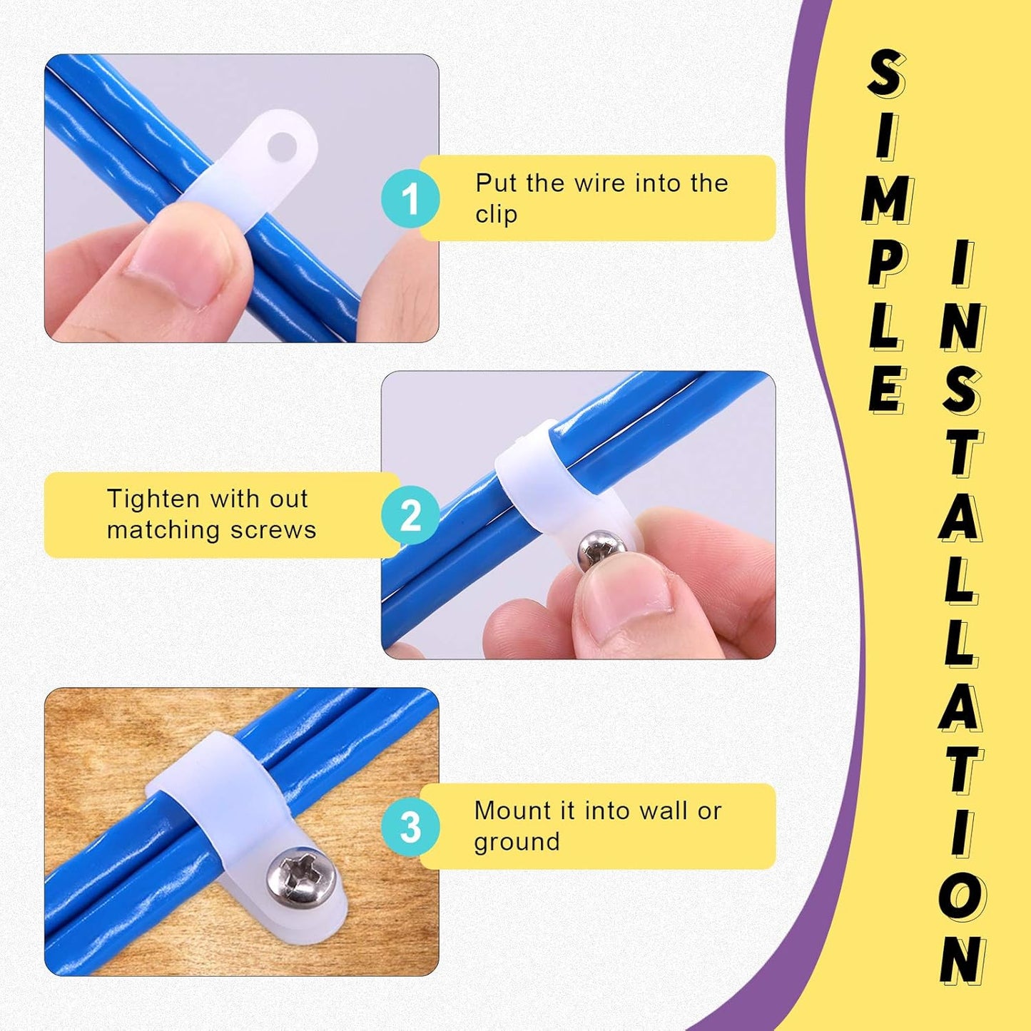 Swpeet 120 Pack White 1/4 Inch Nylon Plastic R-Type Cable Clips Clamp Kit, Nylon Screw Mounting Cord Fastener Clips with 120 Pack Screws for Wire Management (1/4 Inch, White)