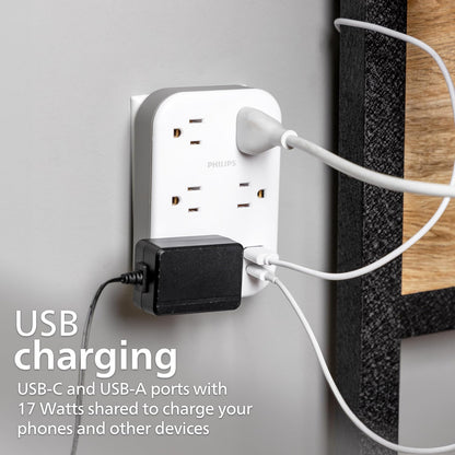 Philips EZFit 5-Outlet Extender Wall Tap with Surge Protection, Grounded Adapter, Charging Station, 3 Prong, 1 USB-A, 1 USB-C, 900J, White, SPP3513W/37