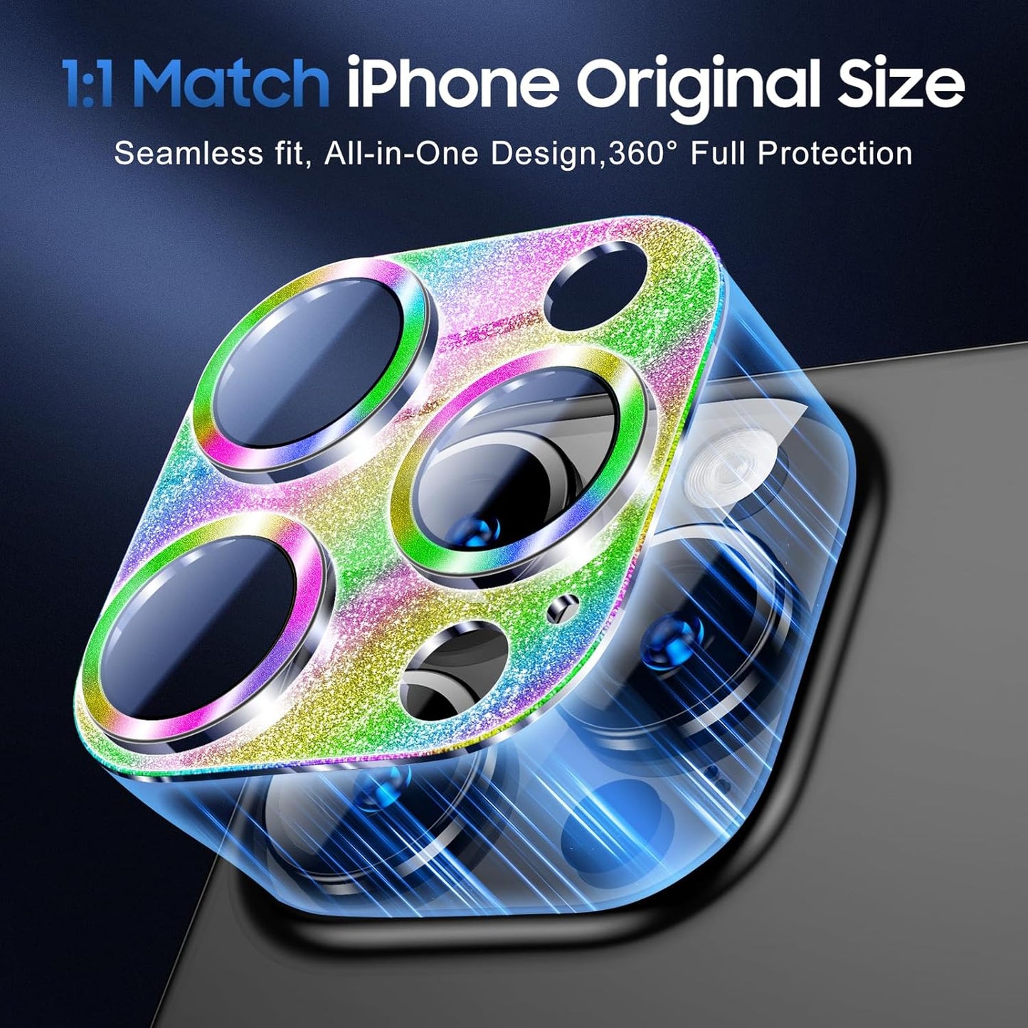 UniqueMe for 3 Pack iPhone 15 Pro/iPhone 15 Pro Max Camera Lens Protector, [Drop Protection] [Case Friendly] Camera Cover Screen [Update New Version] - Intergrated Glitter Colorful