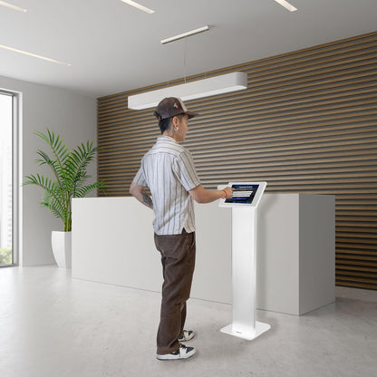 Mount-It! Anti-Theft Tablet Floor Stand, Commercial Tablet Floor Kiosk with Universal Enclosure, Locking Mount Stand for iPad Gen 7-10, Pro, Air, 10.2 inch, 10.9 Inch, White