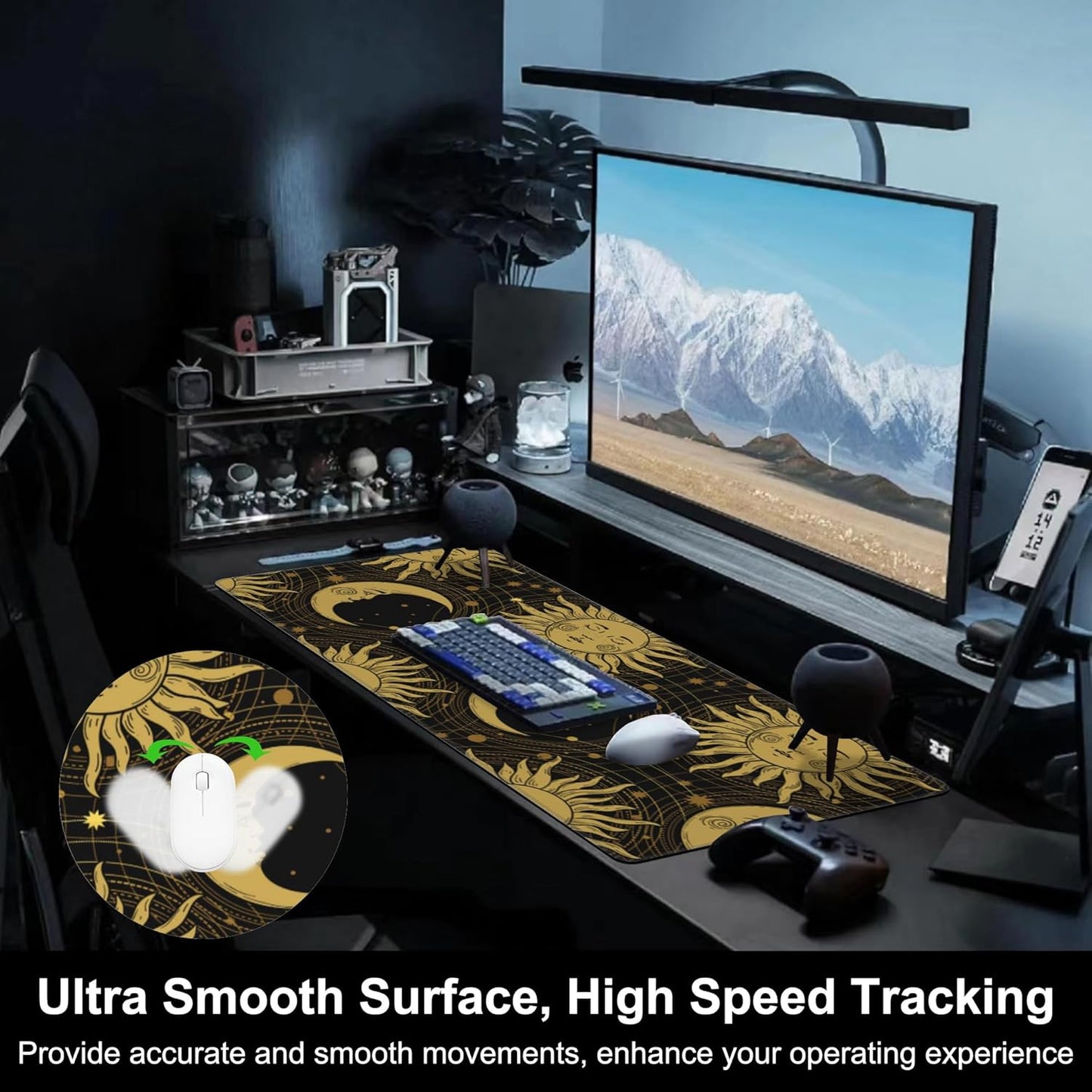 Mouse Pad, Large Golden Sun and Crescent Desk Mat, Extended Non-Slip Gaming Keyboard Mousepad Desk Pad, Thick Stitched Edges Waterproof Mouse Mat 31.5"x15.7" (Sun and Moon)