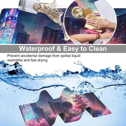 Japanese Fantasy Night City Desk Mat,Large Beautiful Night Scene Gaming Keyboard Mouse Pad,Non-Slip Rubber Base Desk Pad Thick Stitched Edges Waterproof Mousepad Mouse Mat 31.5"x11.8"