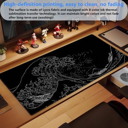Japanese Great Wave Off Kanagawa Gaming Mouse Pad - XL Extended Ukiyo-e Art Desk Mat, Non-Slip Waterproof Rubber Base & Stitched Edges, 31.5 x 15.7 Inch Large Computer Mousepad