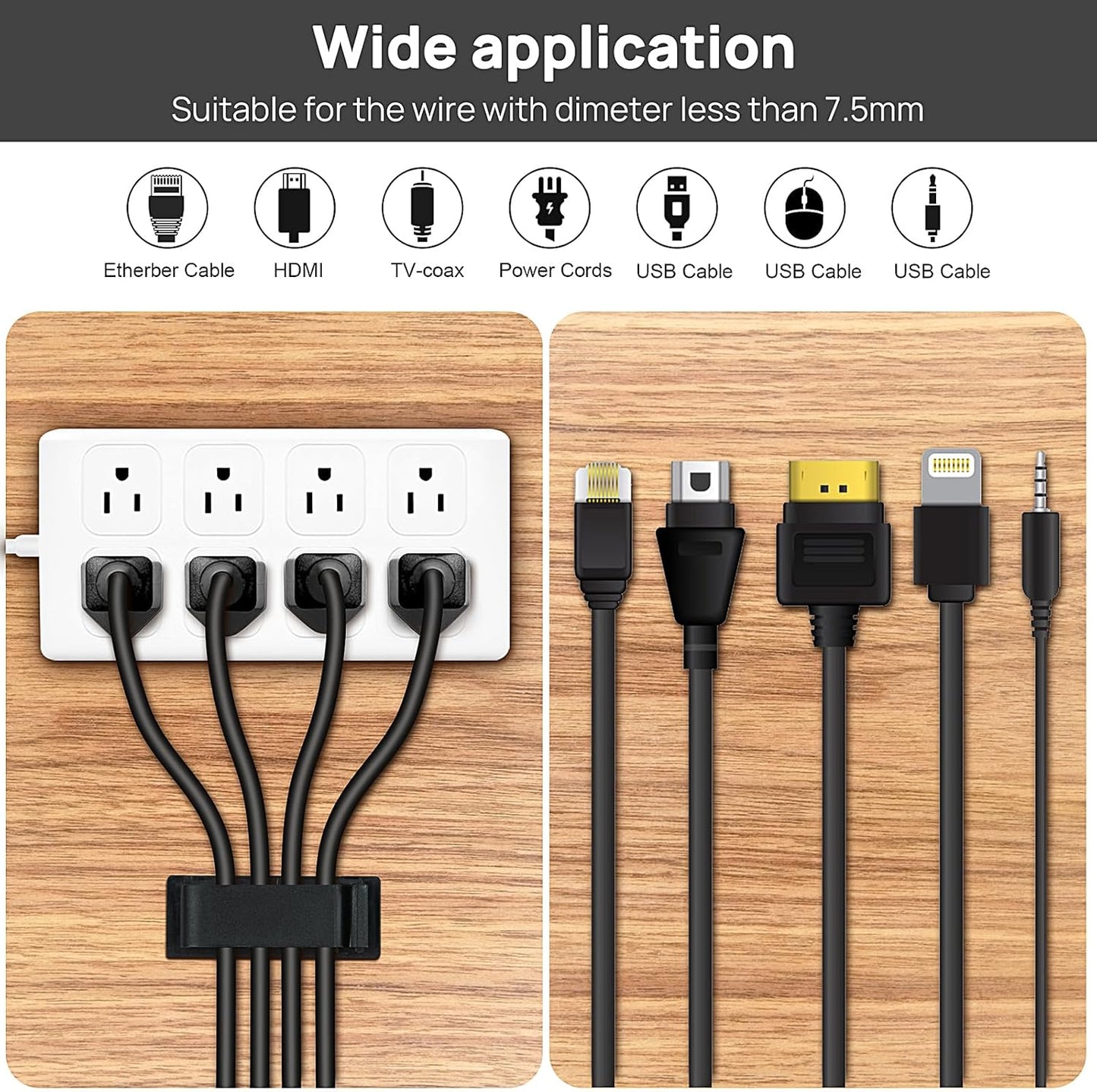 Cable Management Clips, 20Pcs Cord Organizers Wire Clips Cord Holder for TV PC Ethernet Cable Desk Home Office (Black)