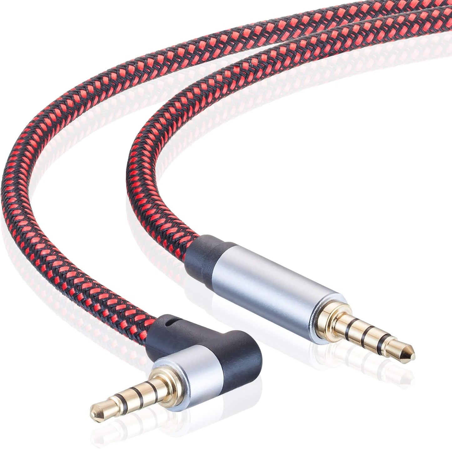 Male to Male Audio Cable 15Ft, 90 Degree TRRS 3.5mm 4 Pole Nylon Braided Stereo Aux Cable for Headphones, PS4, Phone, Tablet, Headset, PC, Laptop and More (15Ft)