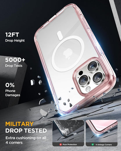 Miracase for iPhone 16 Pro Case Full-Body Phone with Built-in Glass Screen Protector, [Compatible with MagSafe] Military Drop Proof 16 Pro Cover Bumper 6.3 inch, Clear Pink