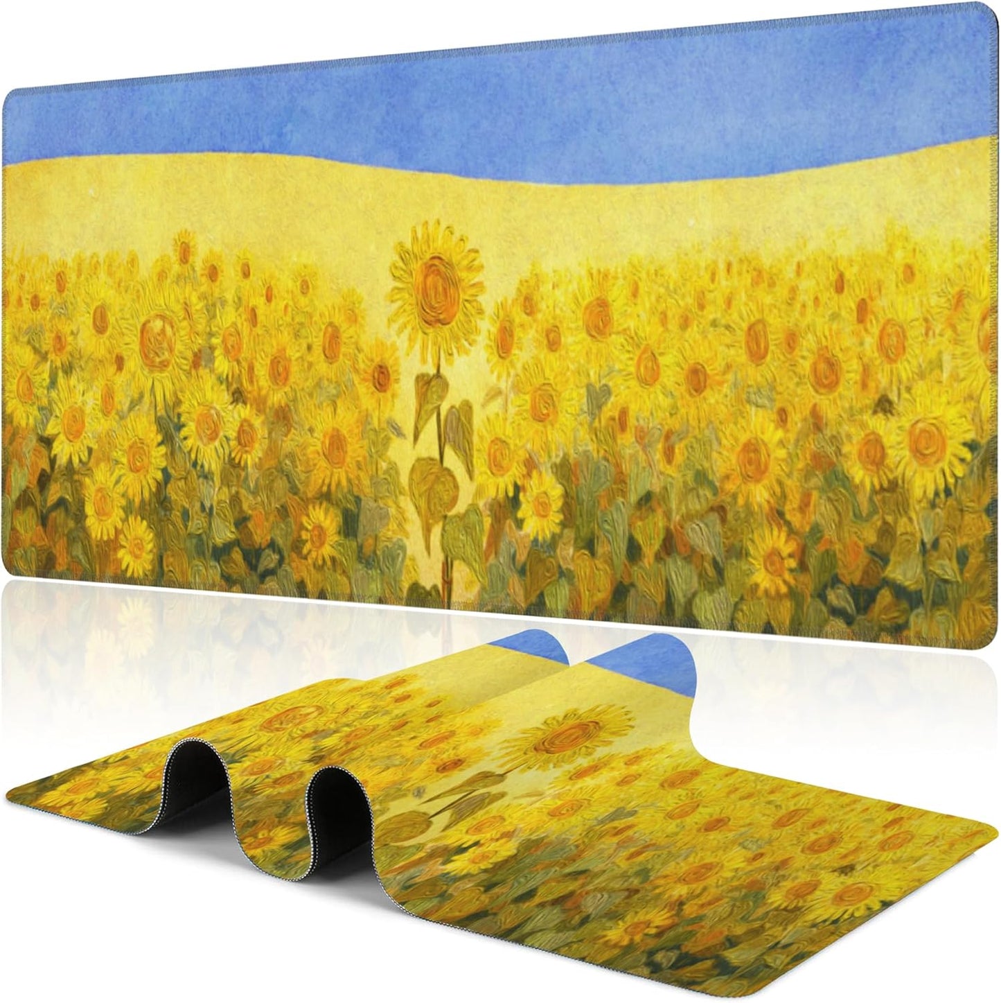 Field of Sunflowers Desk Mat,Large Sunflower Oil Painting Gaming Keyboard Mouse Pad,Non-Slip Rubber Base Desk Pad Thick Stitched Edges Waterproof Mousepad Mouse Mat 31.5"x11.8"