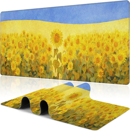 Field of Sunflowers Desk Mat,Large Sunflower Oil Painting Gaming Keyboard Mouse Pad,Non-Slip Rubber Base Desk Pad Thick Stitched Edges Waterproof Mousepad Mouse Mat 31.5"x11.8"
