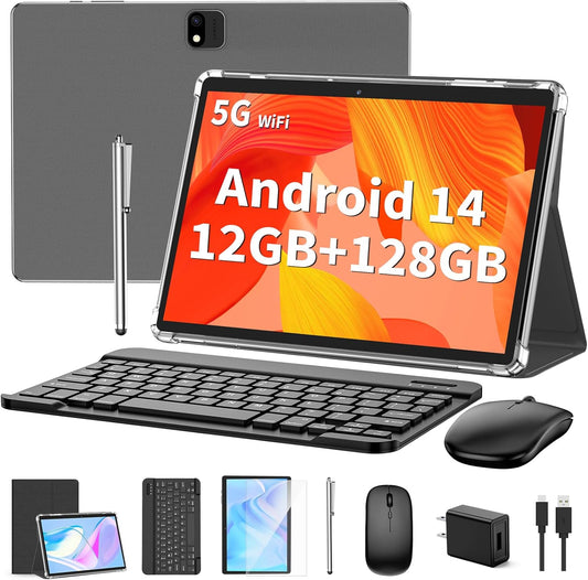 Android Tablet with Keyboard, Android 14 Tablet, 12(6+6) GB+128GB, 1TB Expand, 2 in 1, Mouse, Stylus, 8000mAh Battery, 2.4G/5G WiFi, GPS, Certified, Black Case