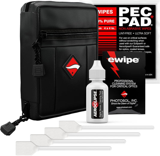 Photographic Solutions Digital Survival Kit - Type-2 (17mm) Sensor Swabs, PEC-PAD Photo Wipes, E-Wipe Packet, Aeroclipse Optic Cleaner Non-Flamable Solution - Camera Cleaning Kit with Travel Bag