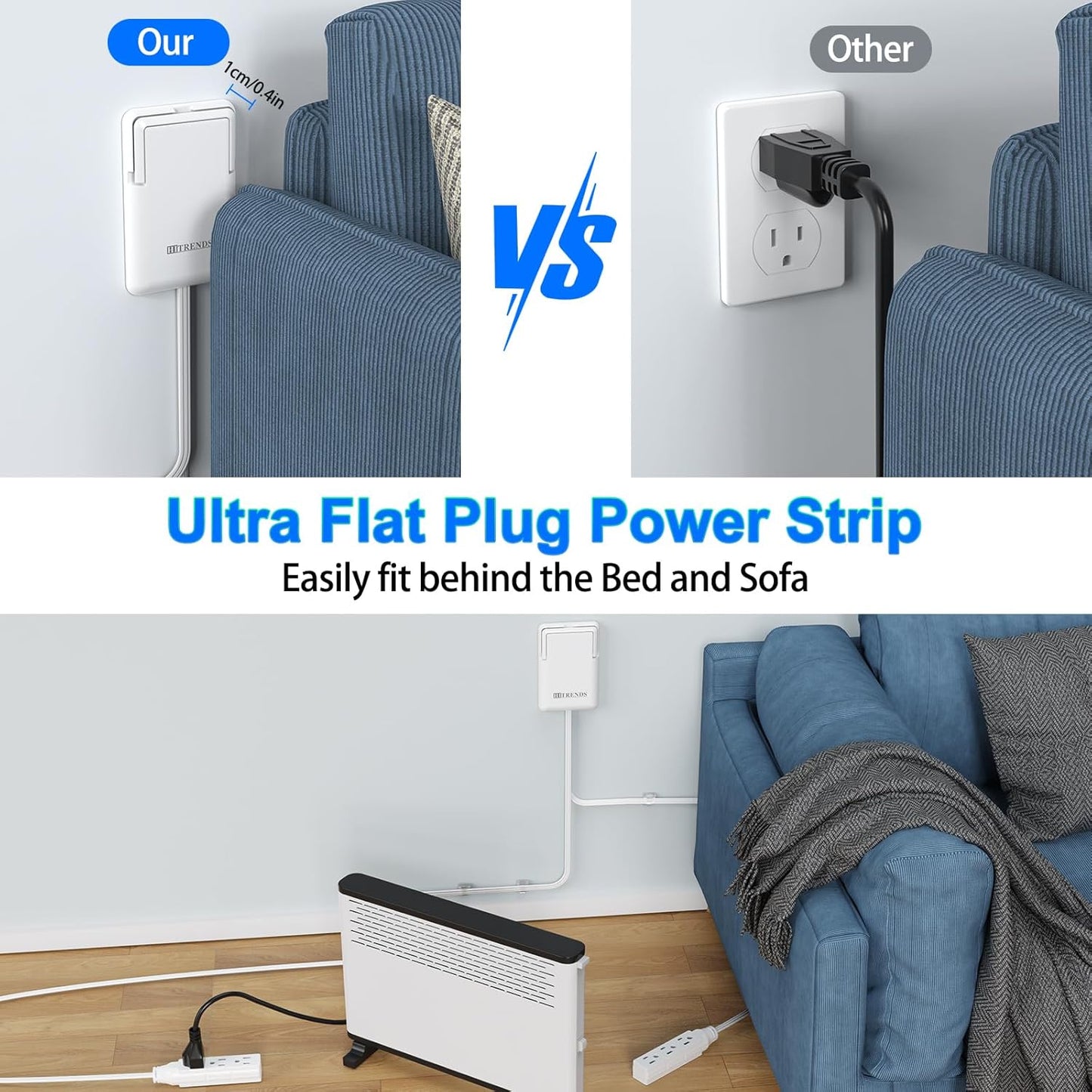 6FT Ultra Flat Plug Dual Extension Cord with 6 Outlets, Ultra-Thin Outlet Cover Power Bar, Outlet Concealer Universal Size Flat Plug Power Strip, Child & Pet Safe, 1625W, White