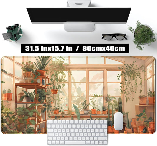 Cute Plant Lover Desk Mat Cozy Mouse pad Beige, XXL Large Extended Earthy Brown Green Aesthetic Floral Mousepad Gaming Desk Pad, Big Laptop Keyboard and Mouse Mat with Stitched Edges 31.5x15.7 in